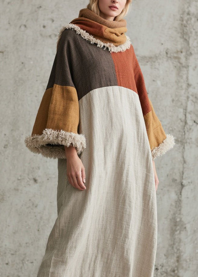 Original Design Colorblock Fuzzy Fur Patchwork Cotton Dress Fall