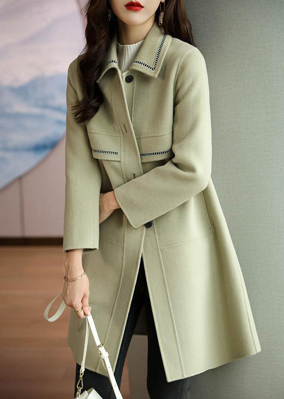 Light Green Peter Pan Collar Button Patchwork Woolen Coat Winter