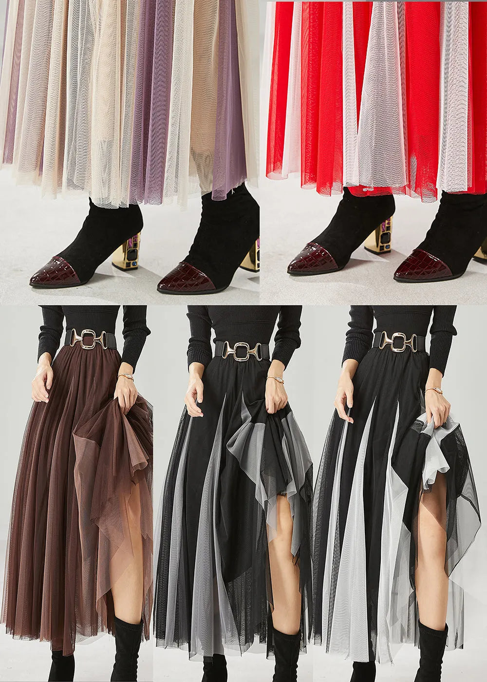 Red Wrinkled Patchwork Tulle Skirts Spring