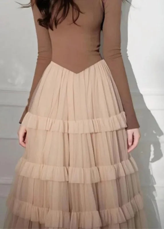 Coffee Square Collar Tulle Patchwork Long Cake Dress Spring