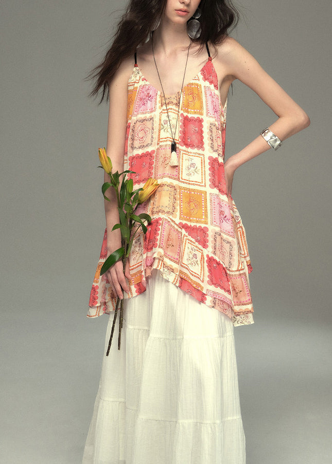 Khaki Oversized Print Cotton Vests Summer