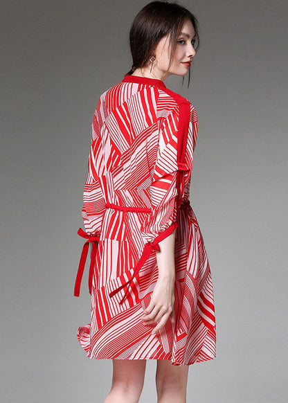 Boutique Red Tie Waist Cinched Print Fall Chiffon Half Sleeve Vacation Dresses