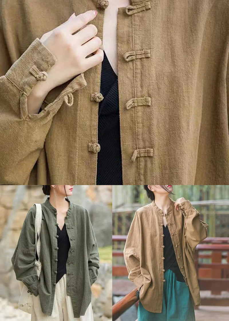Loose Green Button Cotton Coats Long Sleeve