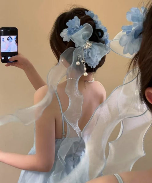 Blue Tulle Bow Pearl Ribbon Hairpin