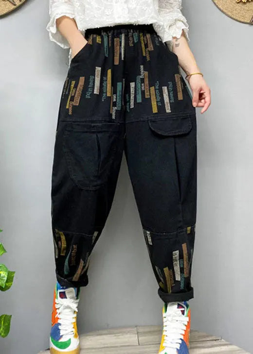 Fitted Black Elastic Waist Print Denim Pants Spring
