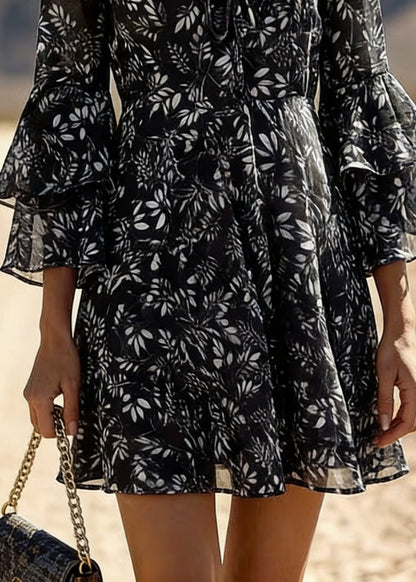 Black Print Chiffon Mid Dress Lace Up Flare Sleeve