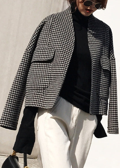 Vogue Black Notched Plaid Pockets Cashmere Coat Long Sleeve Fall