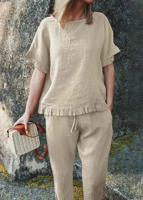 Khaki Ruffled Patchwork Top and Crop Pants Two Pieces Set Short Sleeve
