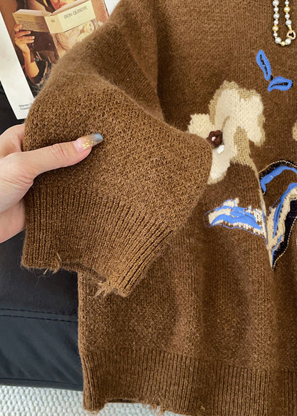 Jacquard Brown Hole Cozy Knit Sweater Winter