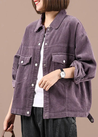 Purple Peter Pan Collar Pockets Button Fall Coat Long Sleeve