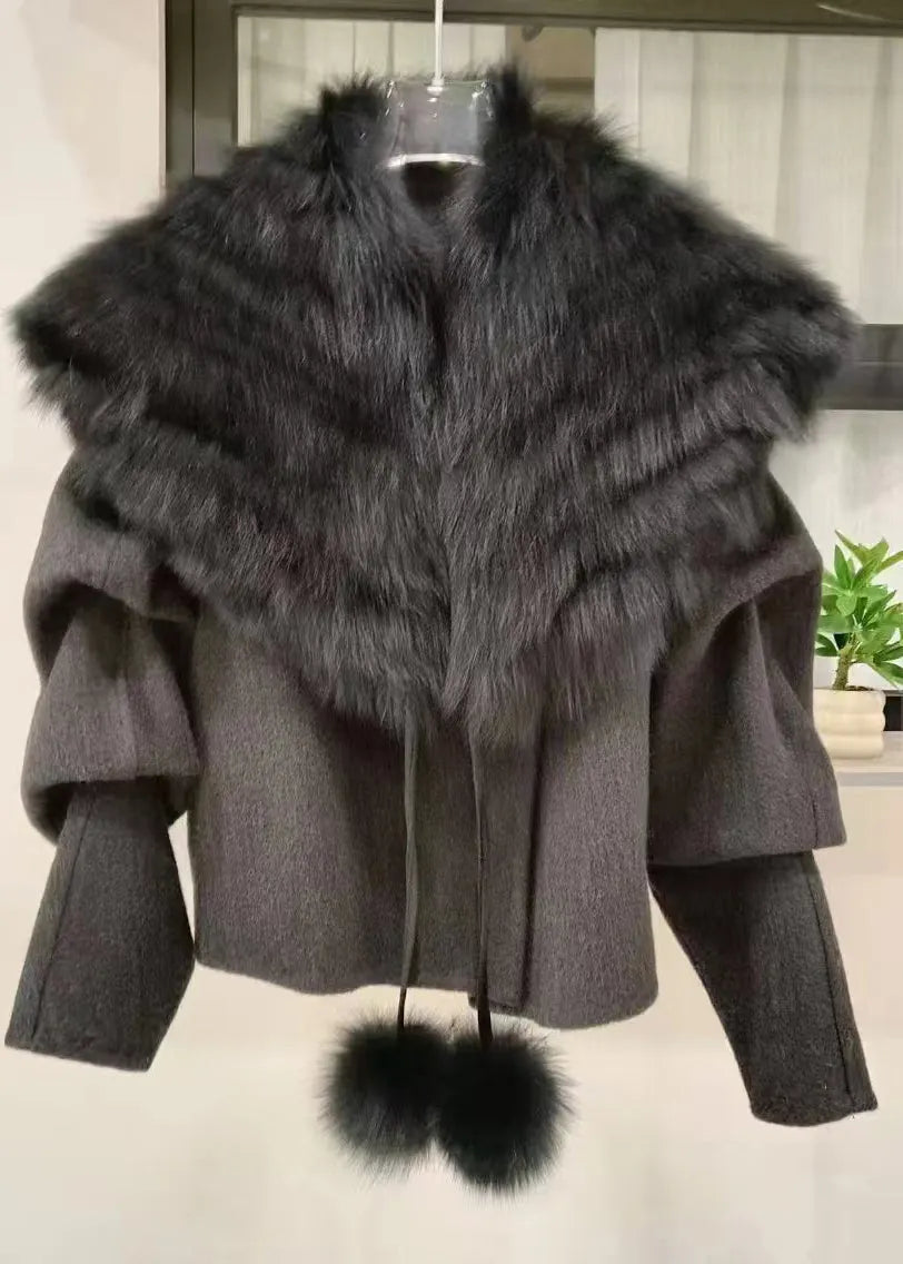 Caramel Coats and Fox Collar Cape Woolen Two Pieces Set Spring