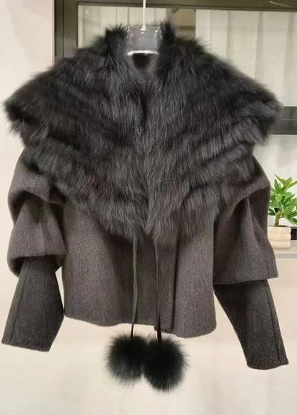 Caramel Coats and Fox Collar Cape Woolen Two Pieces Set Spring