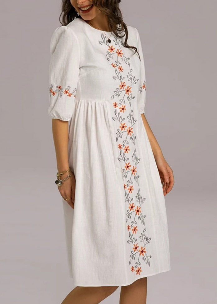 Loose White Embroidered Zippered Cotton Dresses Half Sleeve Summer