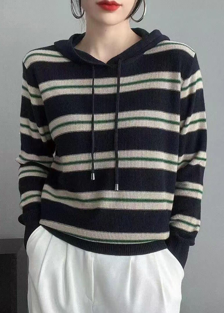 Navy Striped Hooded Patchwork Wool Knit Tops Fall