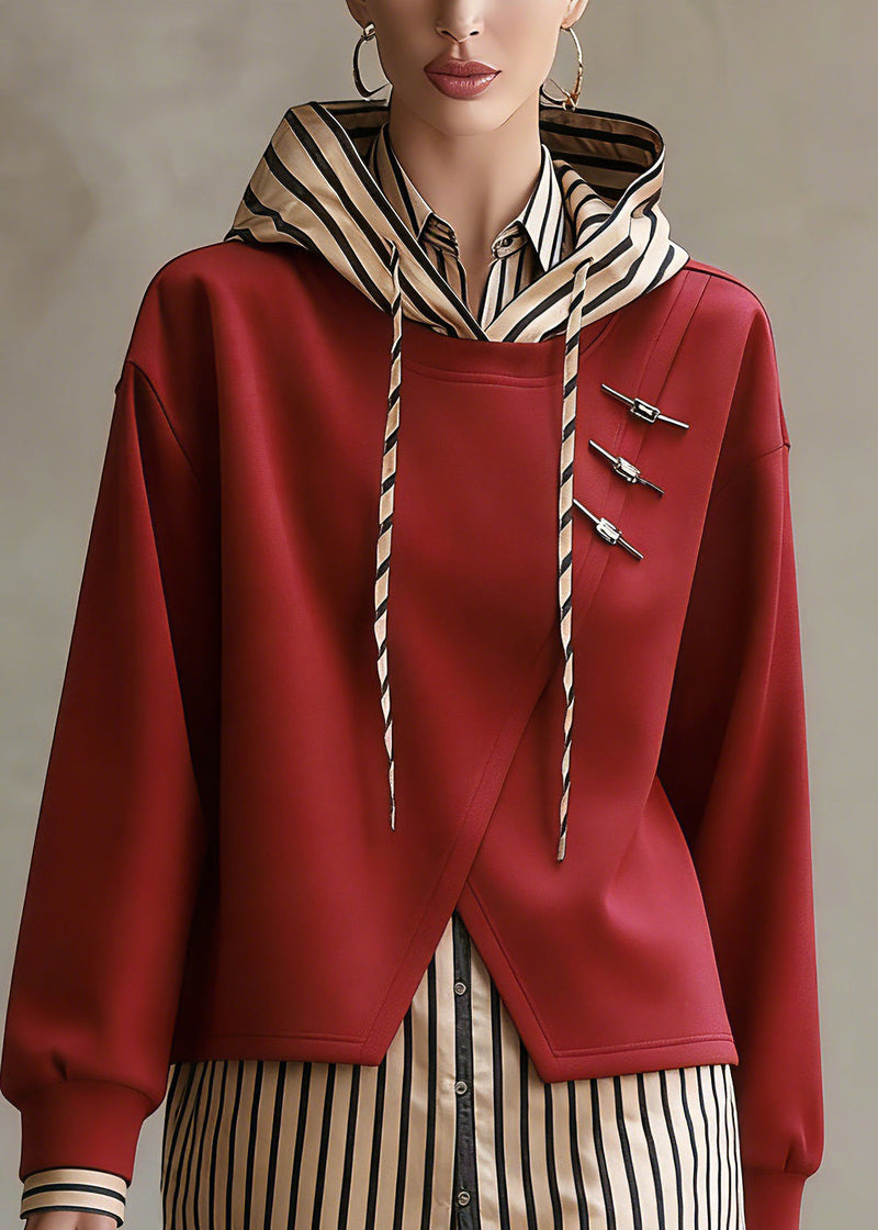 Unique Red Hooded Patchwork False Two Pieces Cotton Top Fall