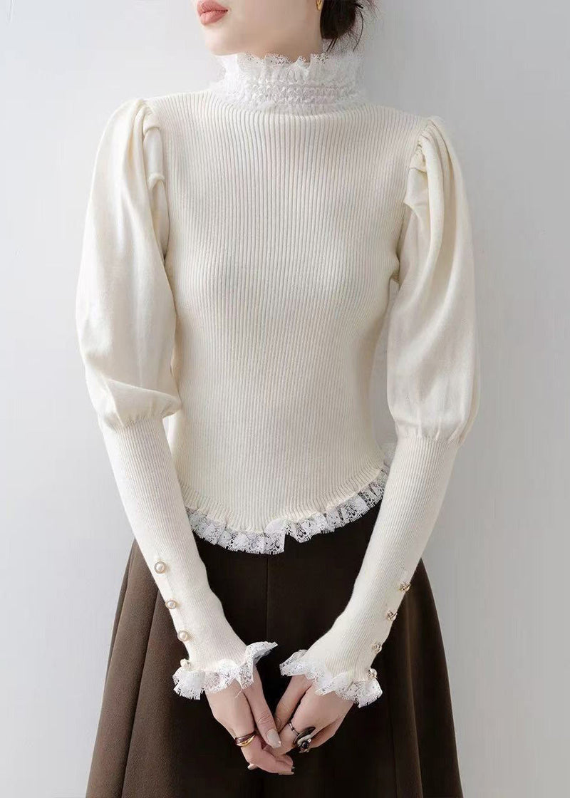 Italian White Silm Fit Patchwork Lace Knitted Tops Winter