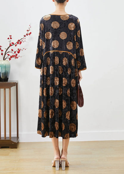 Black Oversized Print Silk Velour Long Dress Fall