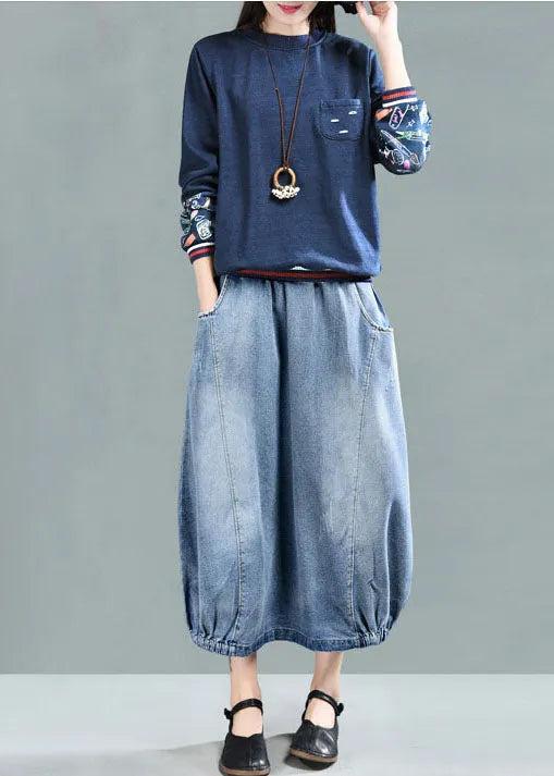 Light Blue Elastic Waist Pockets Cotton Denim Skirt Summer