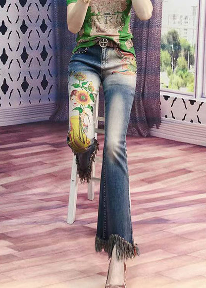 Blue Tasseled Pockets Print Denim Flare Bottoms Spring
