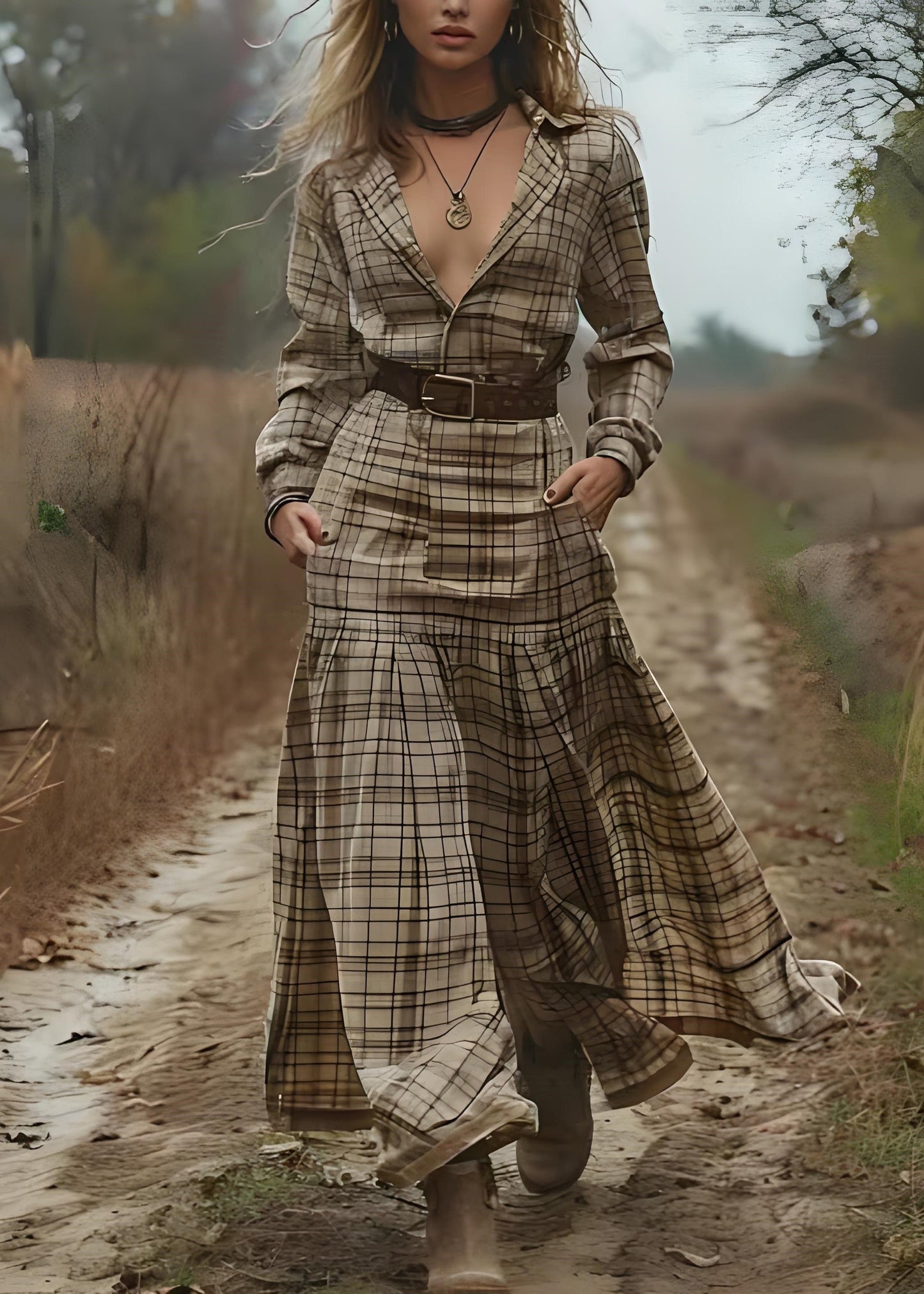 Peter Pan Collar Plaid Patchwork Cotton Long Dress Spring