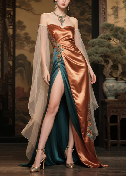 Caramel Patchwork Silk Strapless Dress Exra Large Hem Side Open Summer