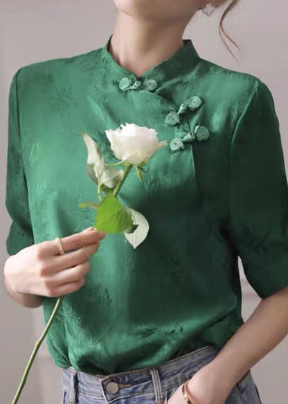 Green Mandarin Collar Jacquard Oriental Button Silk Shirt Tops Short Sleeve