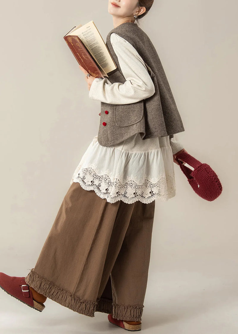 Coffee Pockets Woolen Waistcoat and Ruffled Pants Hollow Out T Shirt Cotton Three Pieces Set Fall