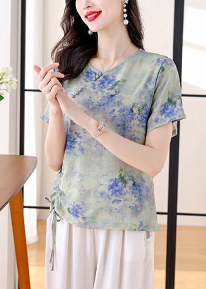 Yellow O Neck Print Drawstring Cotton Shirt Summer