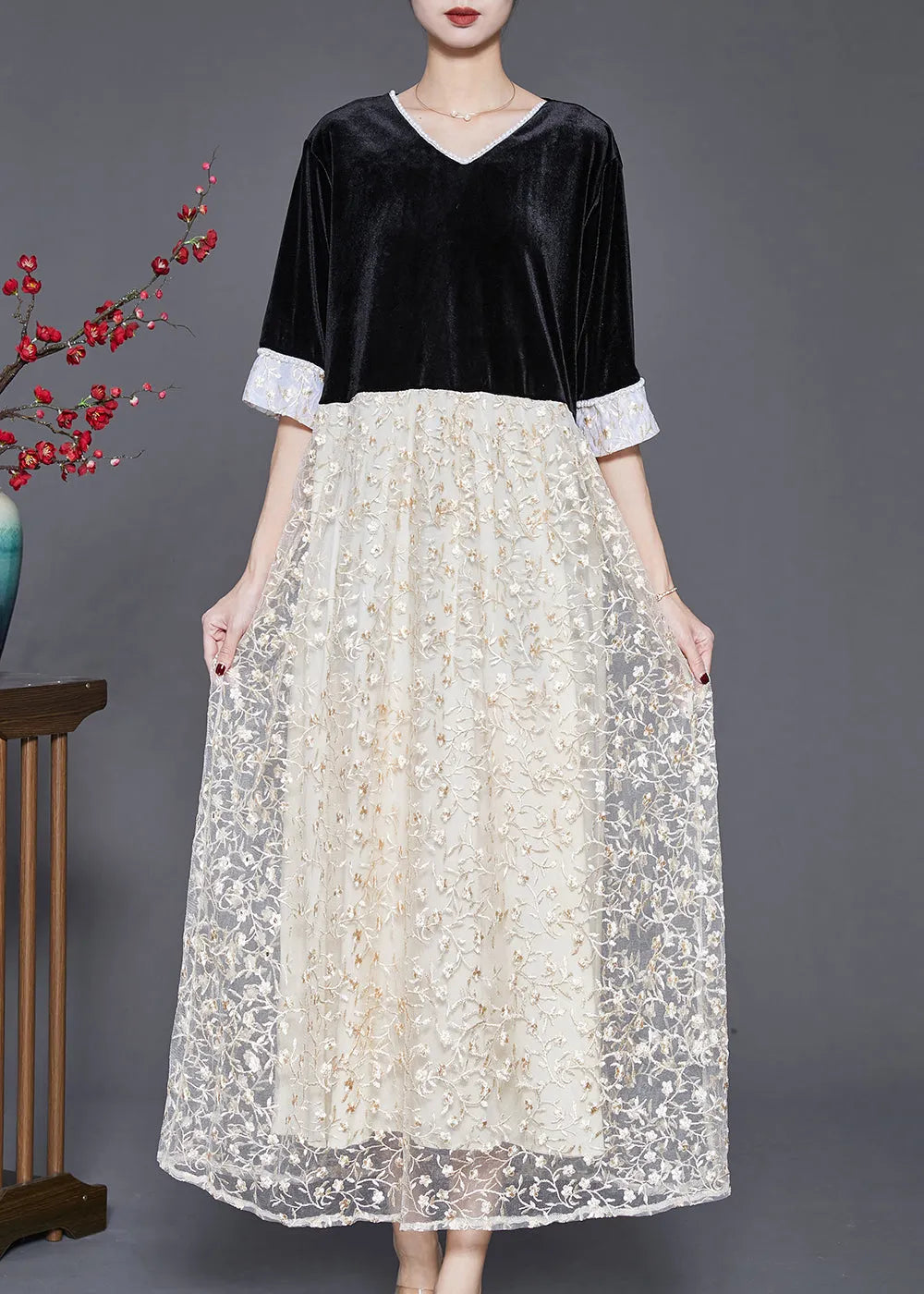 Black V Neck Patchwork Lace Silk Velour Long Dresses Half Sleeve