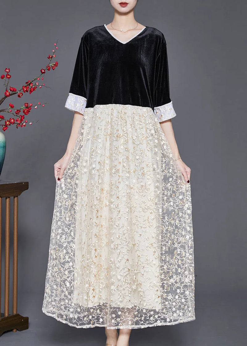 Black V Neck Patchwork Lace Silk Velour Long Dresses Half Sleeve