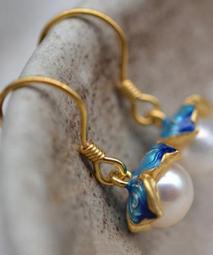 Yellow Sterling Silver Overgild Pearl Cloisonne Enamel Drop Earrings