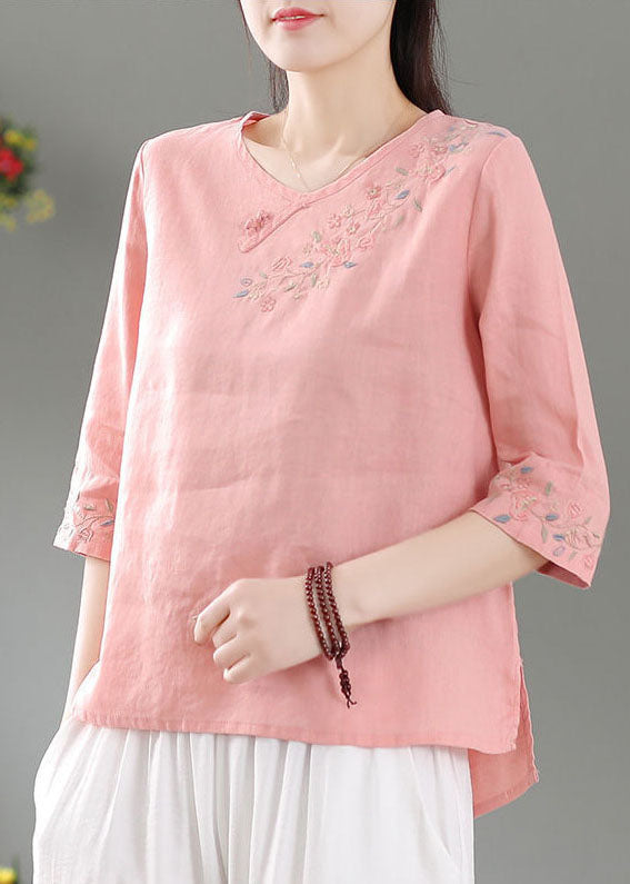 Modern Pink O-neck Side Open Linen Top Three Quarter Sleeve