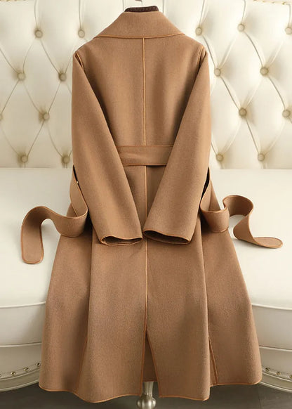 Camel Notched Patchwork Tie Waist Woolen Long Coats Fall
