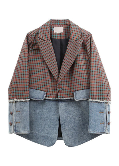 Italian Notched Plaid Patchwork Coat Long Sleeve