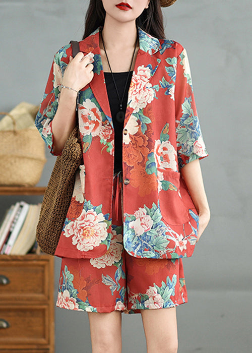 Red Print Pockets Cotton Two Pieces Set Half Sleeve