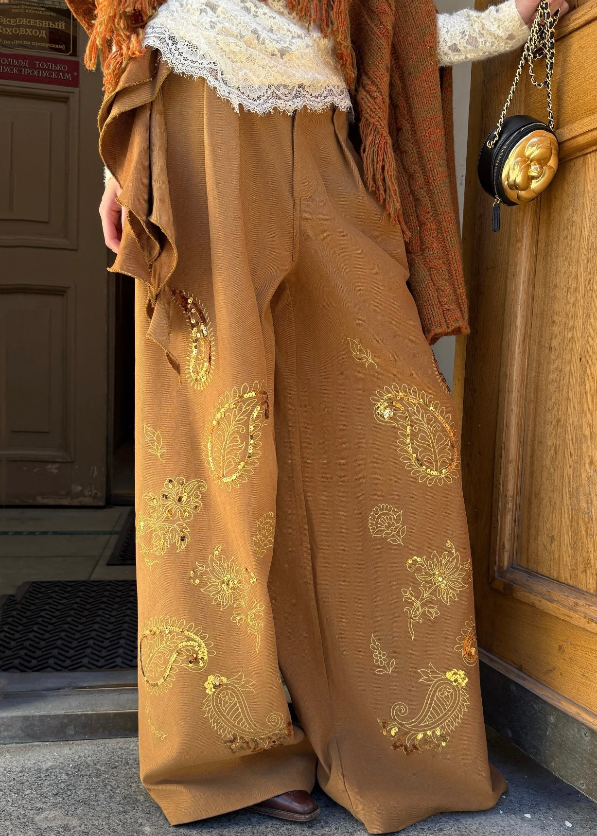Brown Embroidered Asymmetrical Sequins Wide Leg Pants Fall