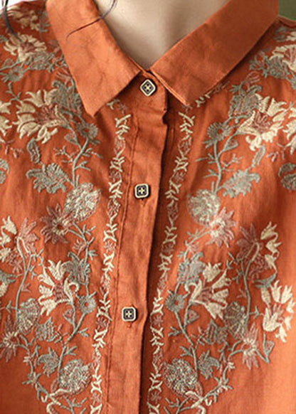 Orange Button Peter Pan Collar Embroideried Linen Blouses Spring