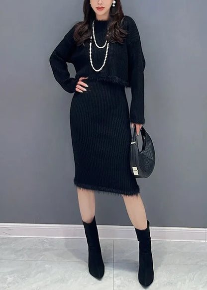 Slim Fit Black O Neck Patchwork Tops and Waistcoat Dress Knit Two Piece Set Fall