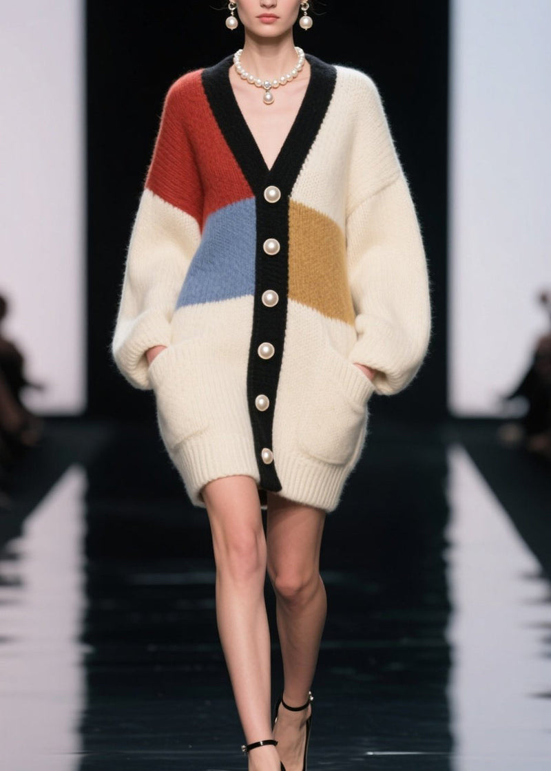 Colorblock V Neck Button Patchwork Knit Cardigan Fall