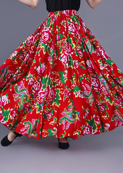 New Red Print Elastic Waist Chiffon Maxi Skirts Summer
