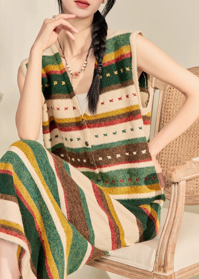 Colorblock V Neck Striped Knit Waistcoat and Maxi Skirts Two Piece Set Sleeveless