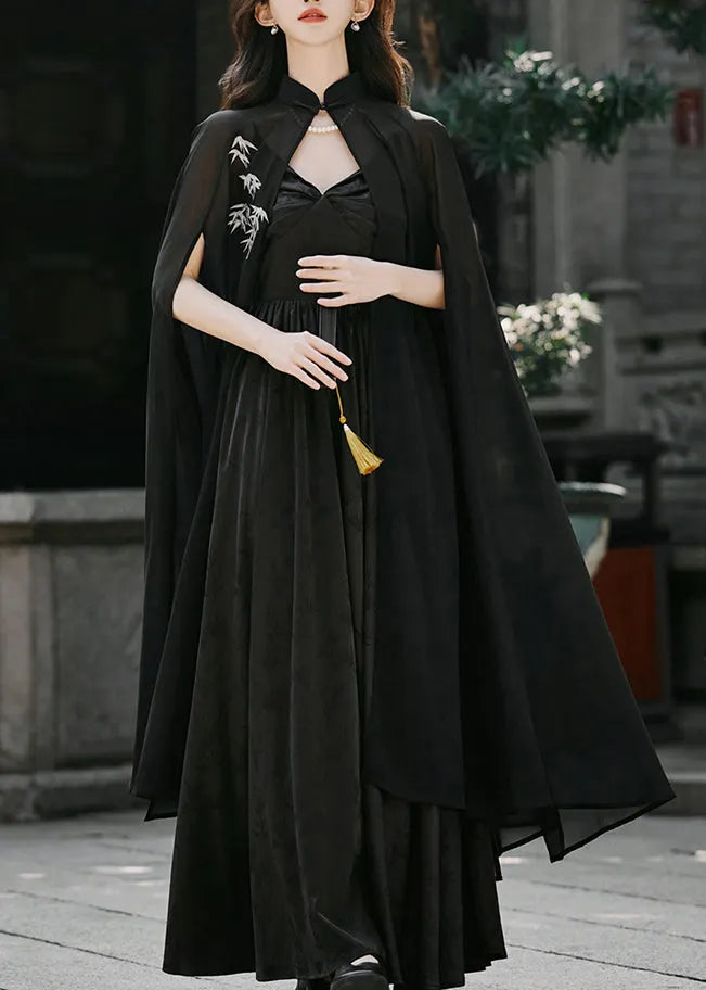 Black Embroidered Cape and Spaghetti Strap Dress Silk 2 Piece Outfit Spring