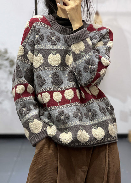 Grey O Neck Patchwork Cozy Cotton Knit Sweaters Long Sleeve