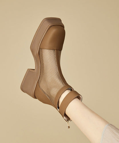 Brown Chunky Faux Leather Breathable Mesh Splicing Sandals