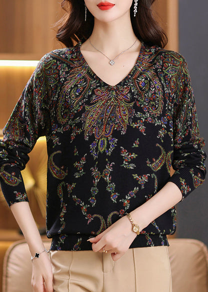 Beige V Neck Zircon Print Woolen Sweater Tops Spring