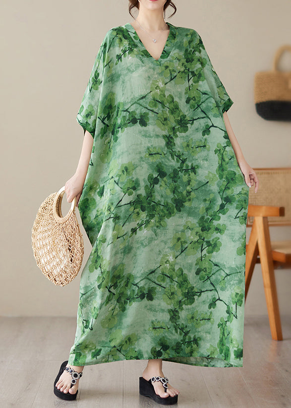 Green V Neck Print Maxi Beach Dress Short Sleeve