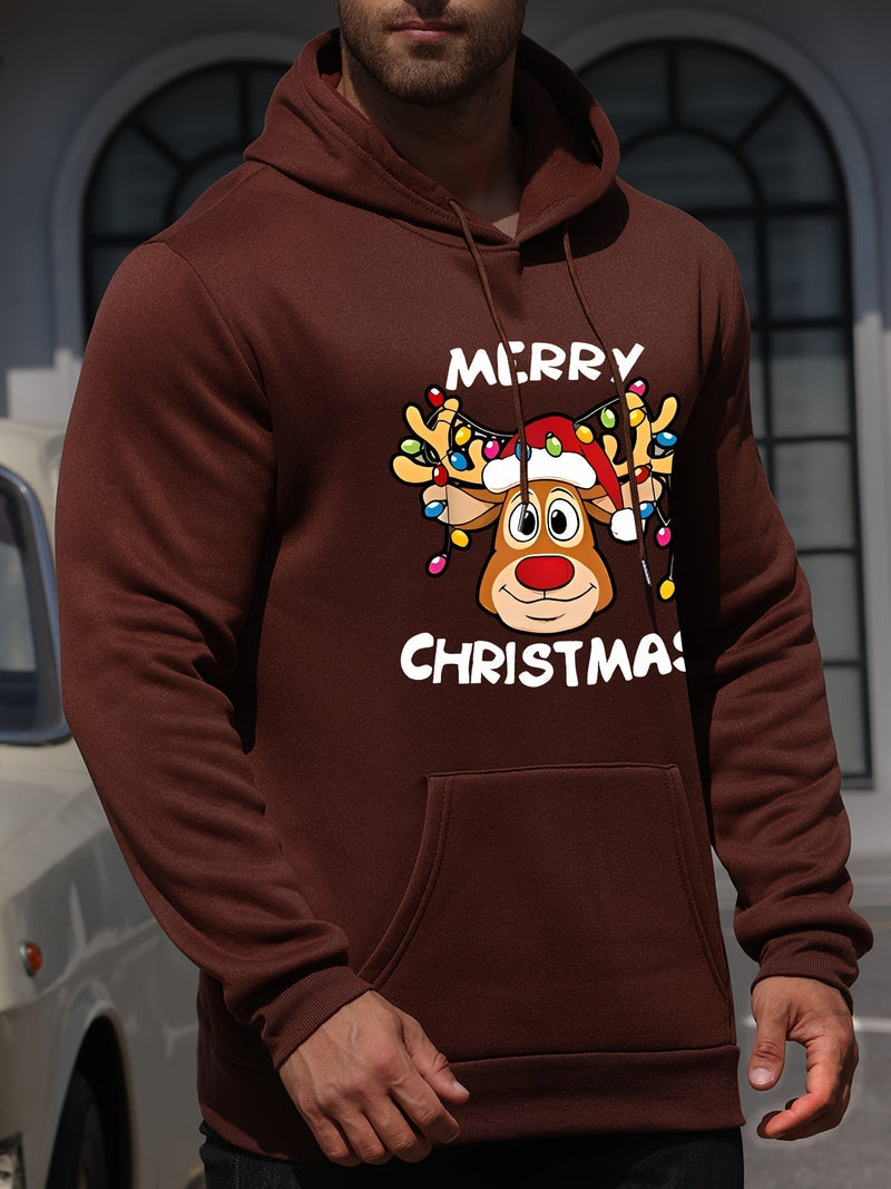 Christmas Hoodie with Reindeer Print Polyester Merry Christmas Design