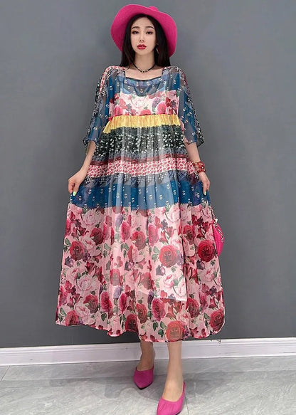 Square Collar Print Chiffon Long Dresses Short Sleeve