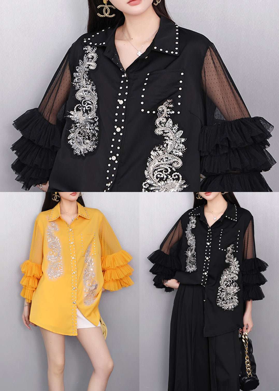 Black Rhinestone Hollow Out Chiffon Blouse Tops Flare Sleeve