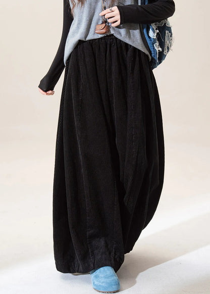 Black Elastic Waist Corduroy Wide Leg Pants Fall